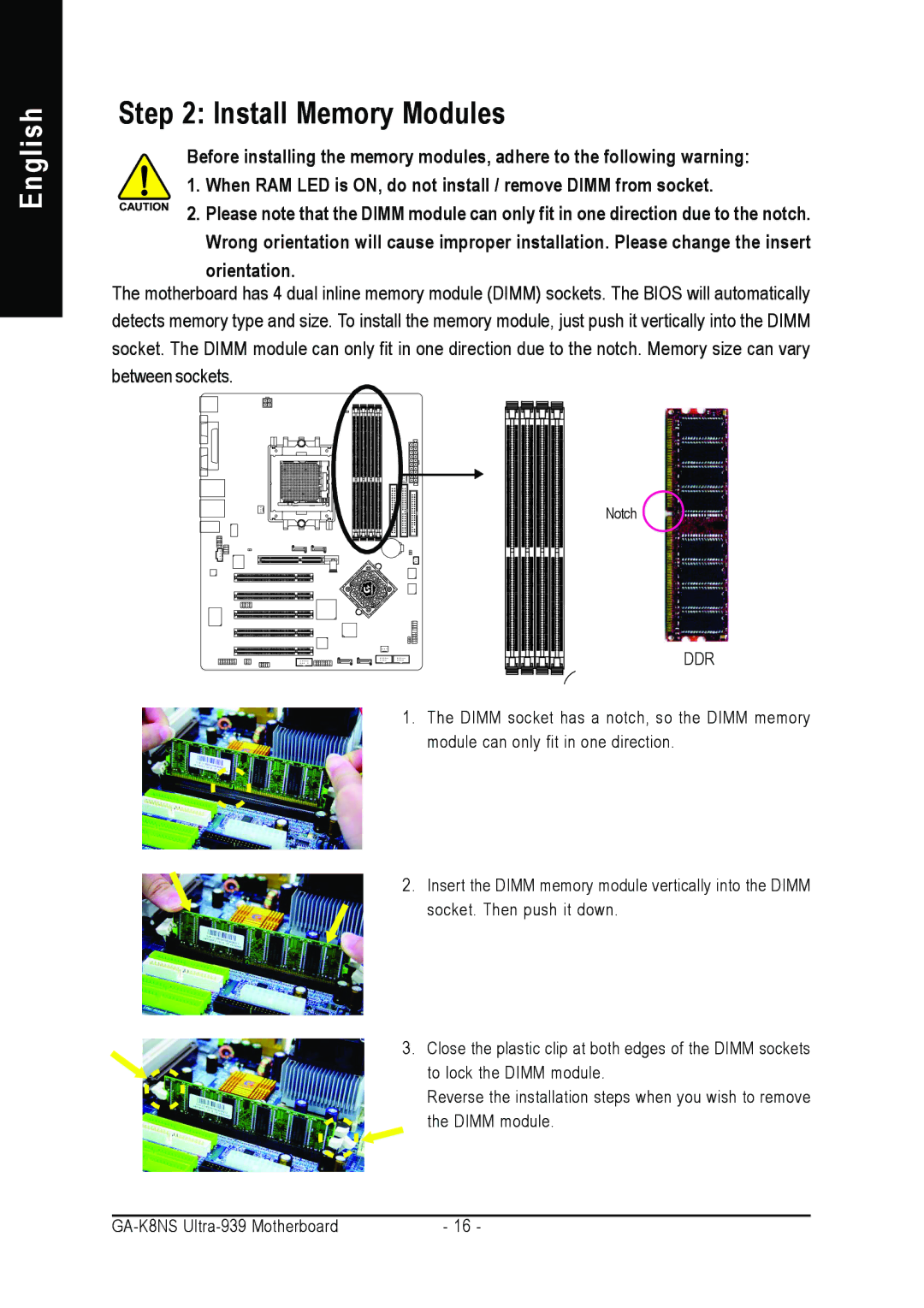 Gigabyte GA-K8NS ULTRA-939 user manual Install Memory Modules, Ddr 