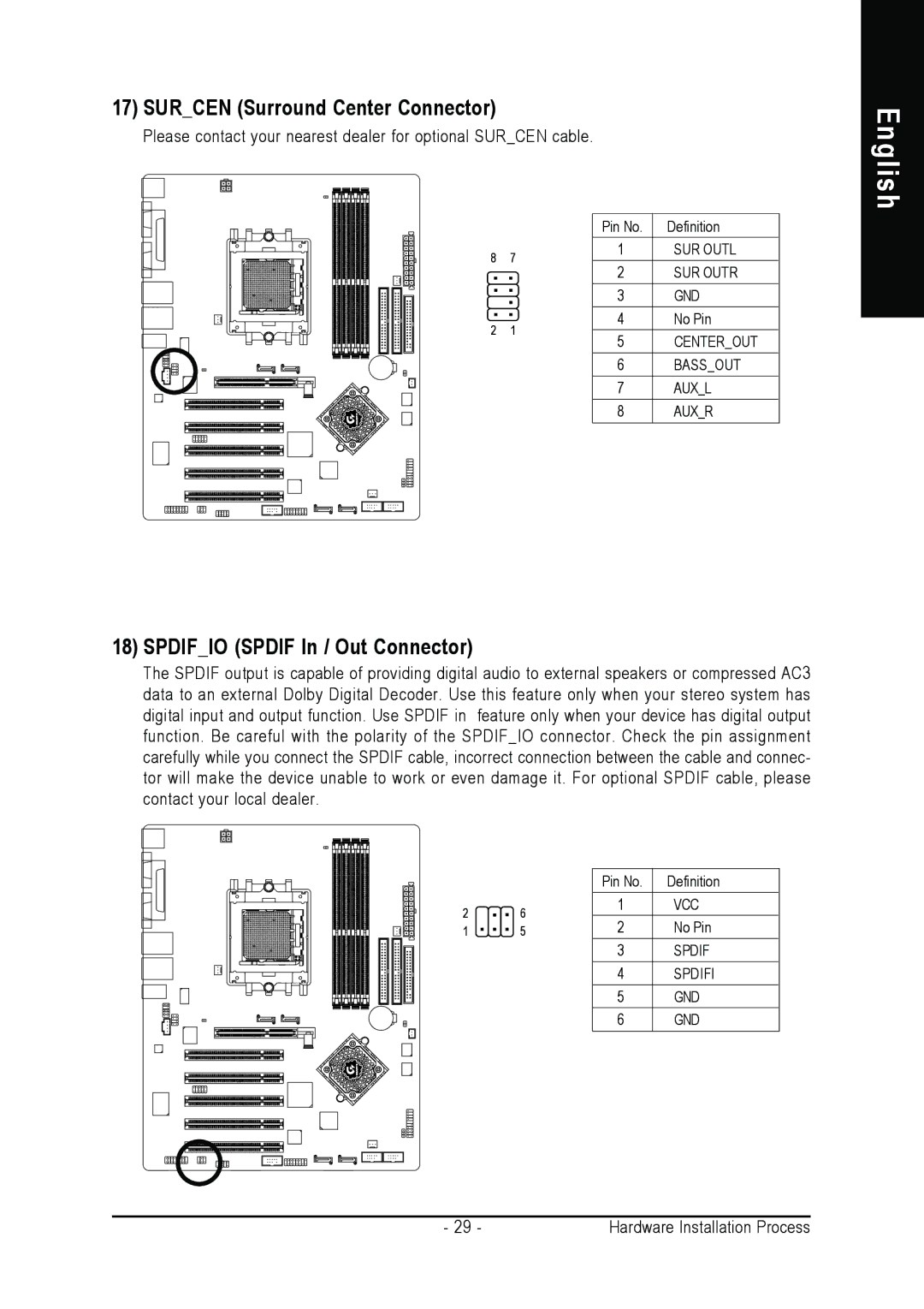 Gigabyte GA-K8NS ULTRA-939 user manual Surcen Surround Center Connector, Spdifio Spdif In / Out Connector 