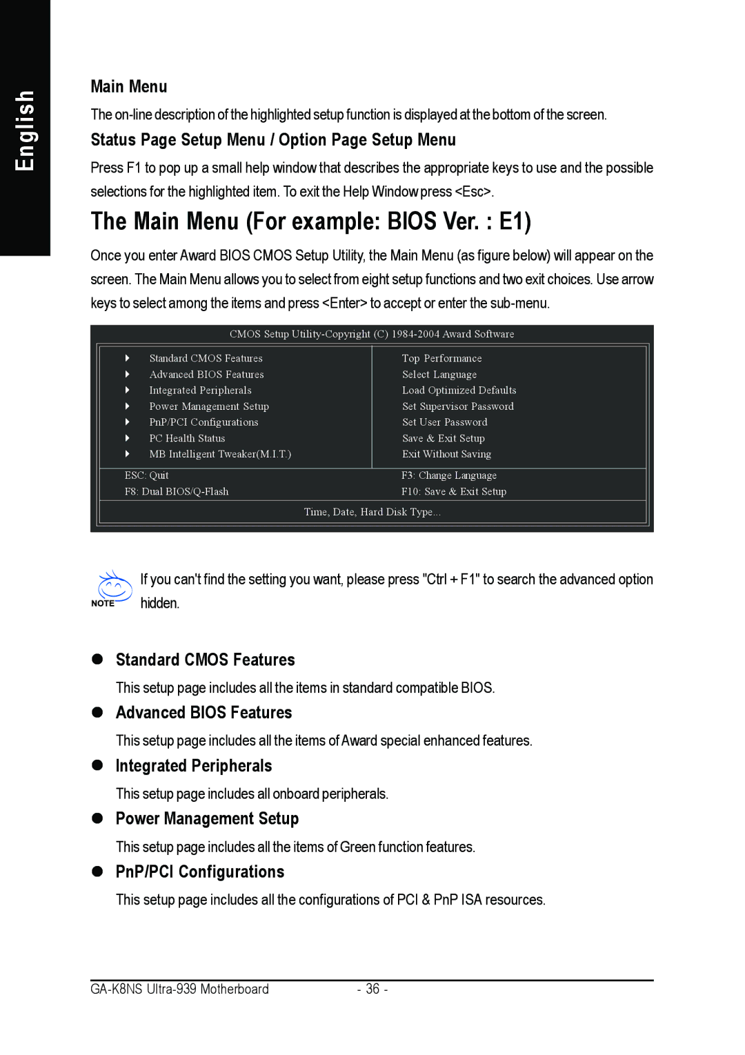 Gigabyte GA-K8NS ULTRA-939 user manual Main Menu For example Bios Ver. E1 