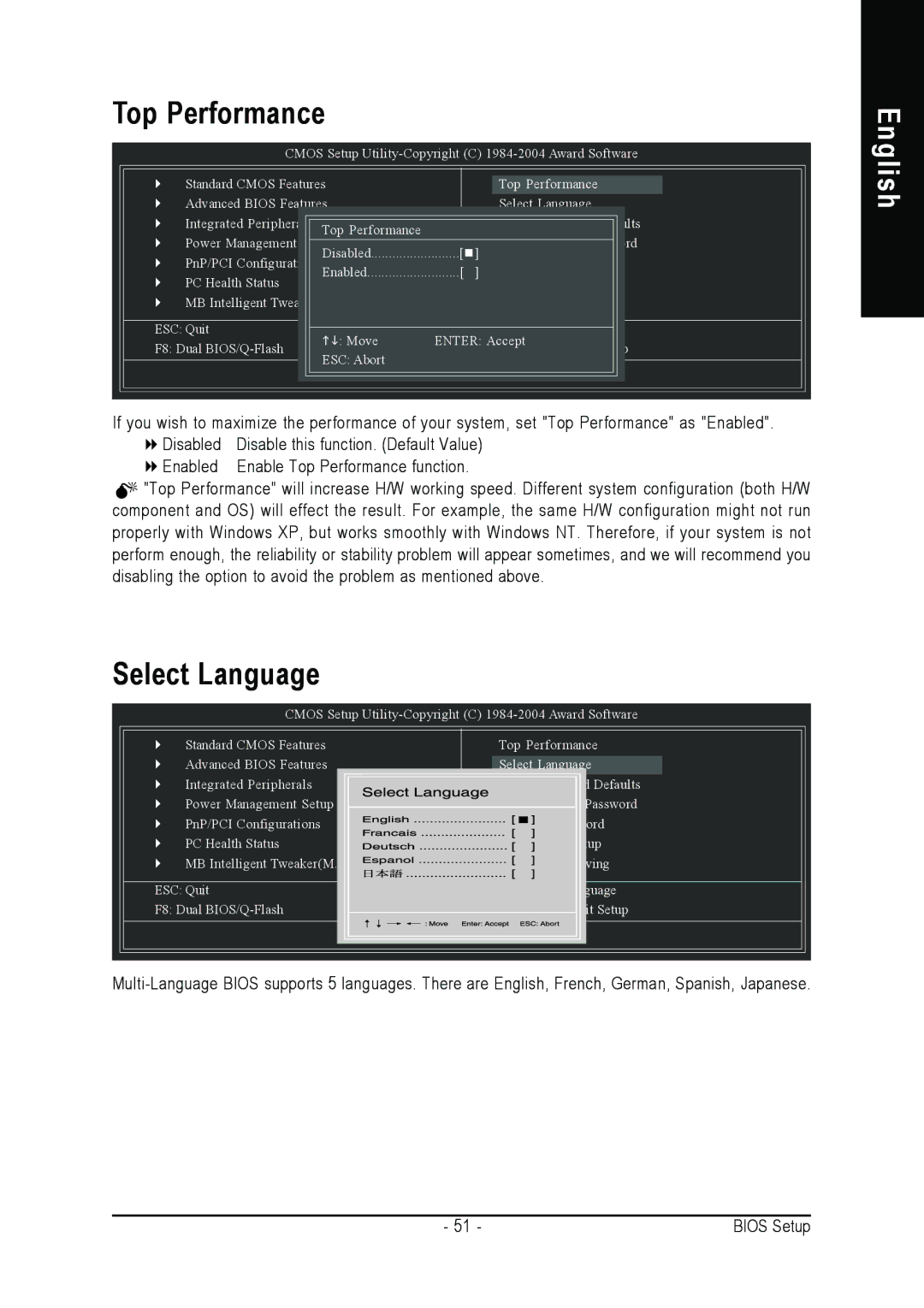 Gigabyte GA-K8NS ULTRA-939 user manual Top Performance, Select Language 