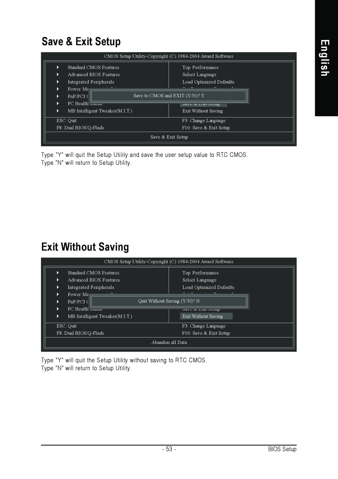 Gigabyte GA-K8NS ULTRA-939 user manual Save & Exit Setup, Exit Without Saving 