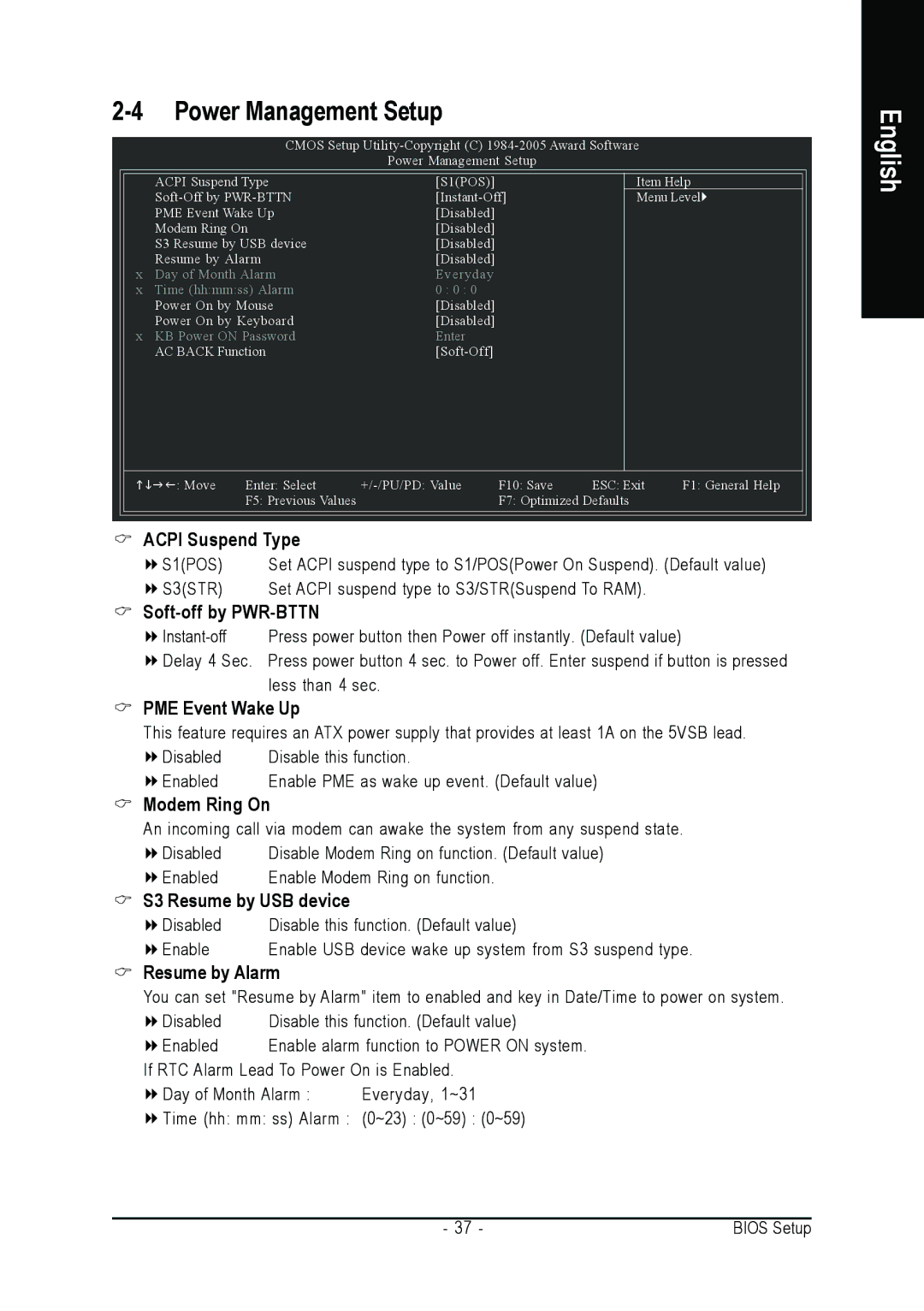 Gigabyte GA-K8NS Power Management Setup, PME Event Wake Up, Modem Ring On, S3 Resume by USB device, Resume by Alarm 