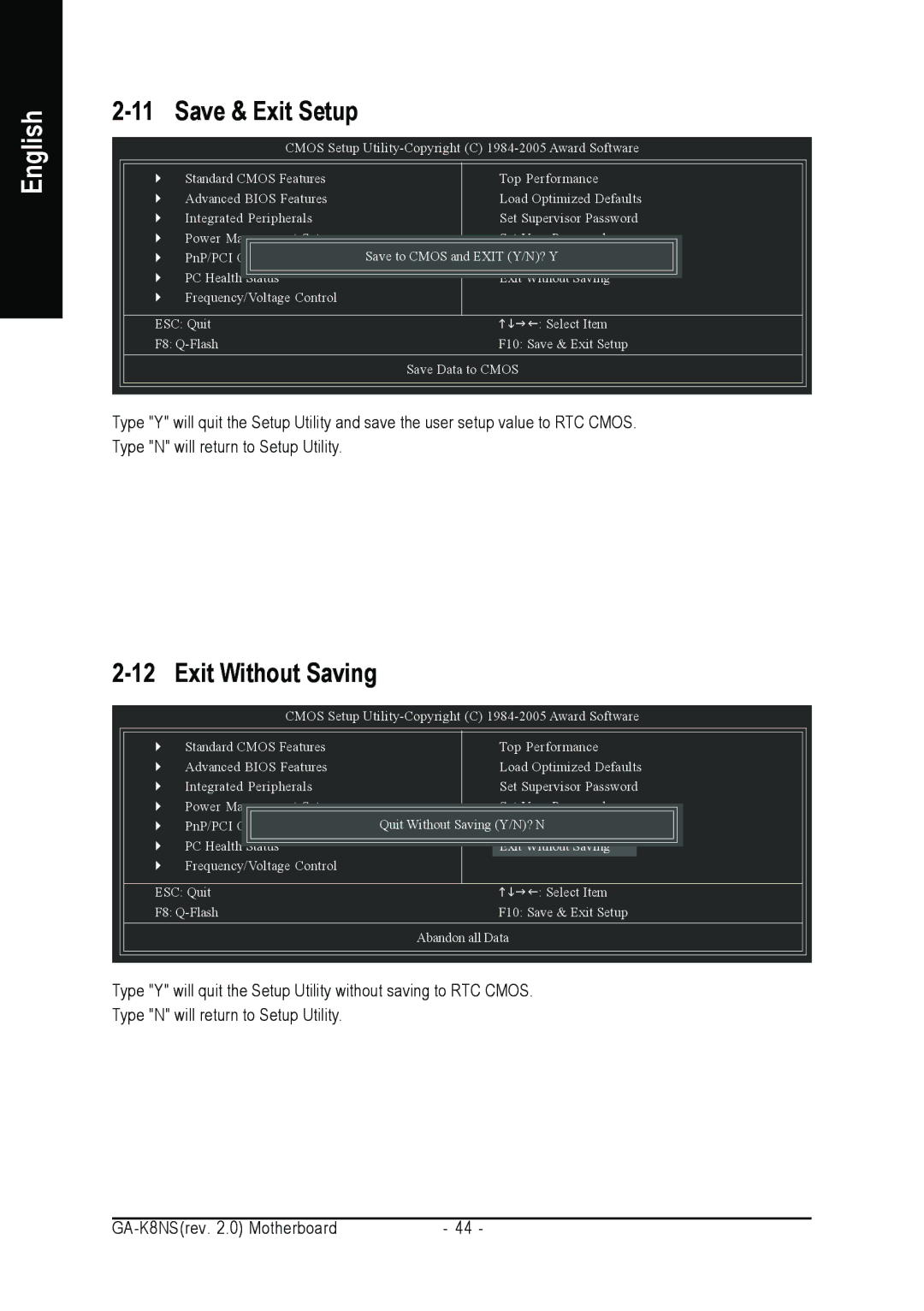 Gigabyte GA-K8NS user manual Save & Exit Setup, Exit Without Saving 