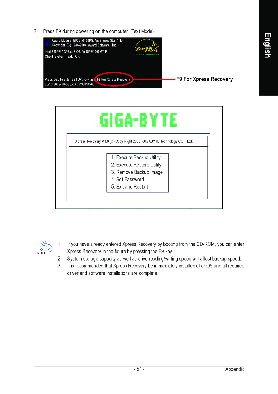 Gigabyte GA-K8NS user manual F9 For Xpress Recovery, Press F9 during powering on the computer. Text Mode 