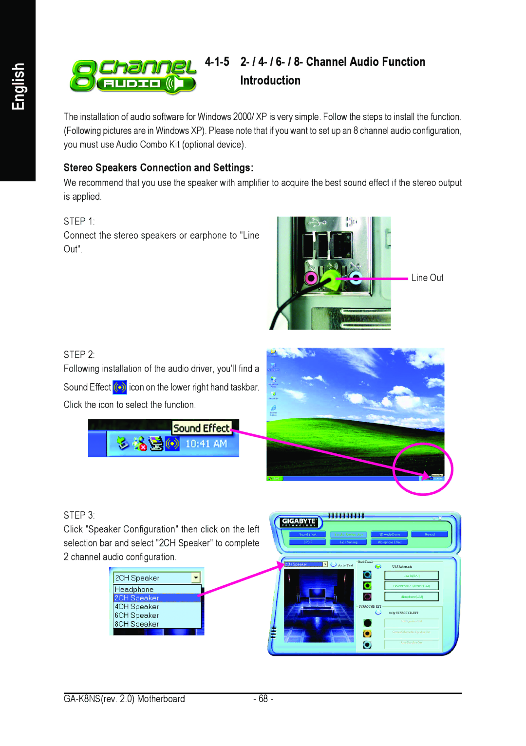 Gigabyte GA-K8NS 5 2- / 4- / 6- / 8- Channel Audio Function Introduction, Stereo Speakers Connection and Settings 