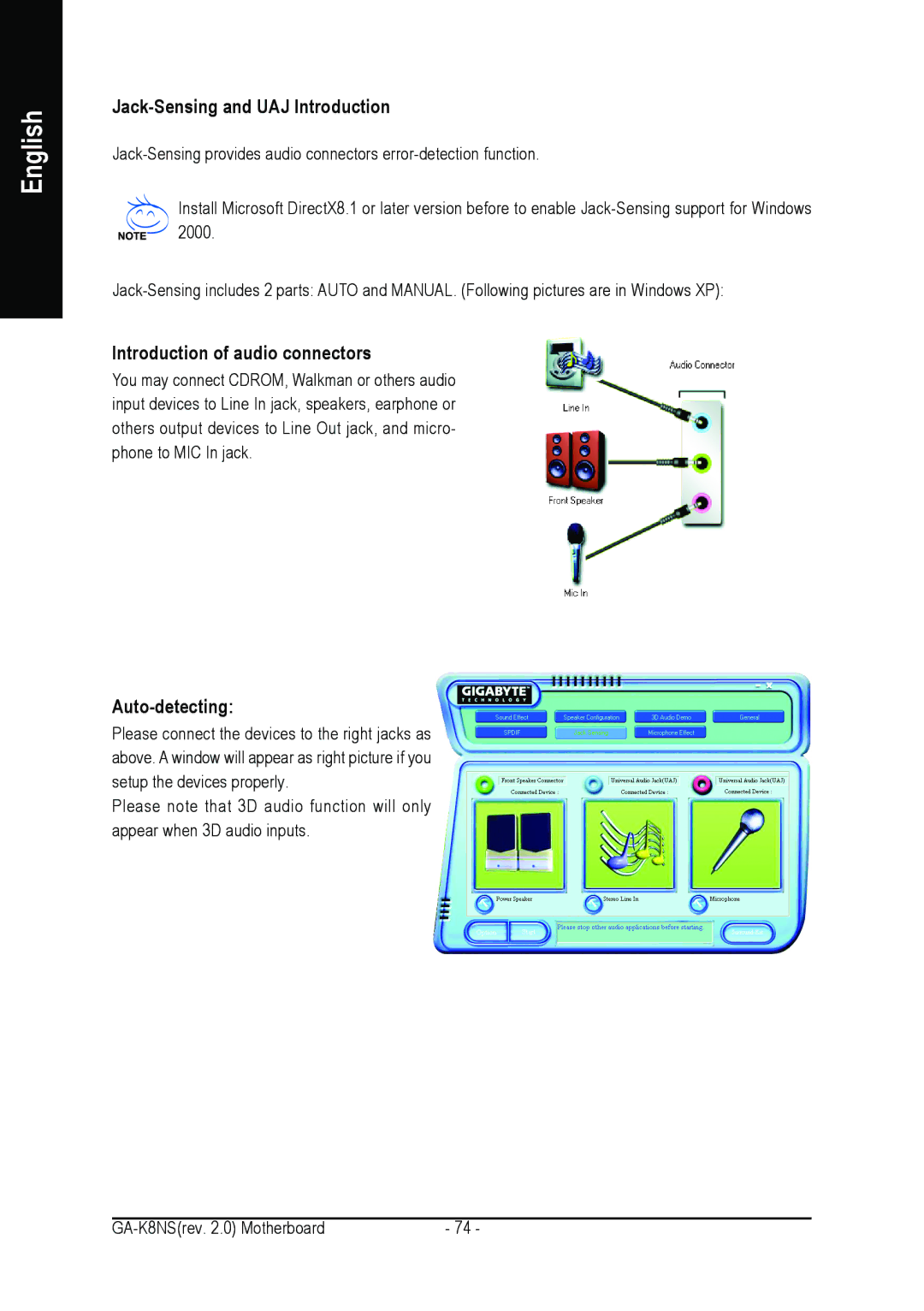 Gigabyte GA-K8NS user manual Jack-Sensing and UAJ Introduction, Introduction of audio connectors, Auto-detecting 