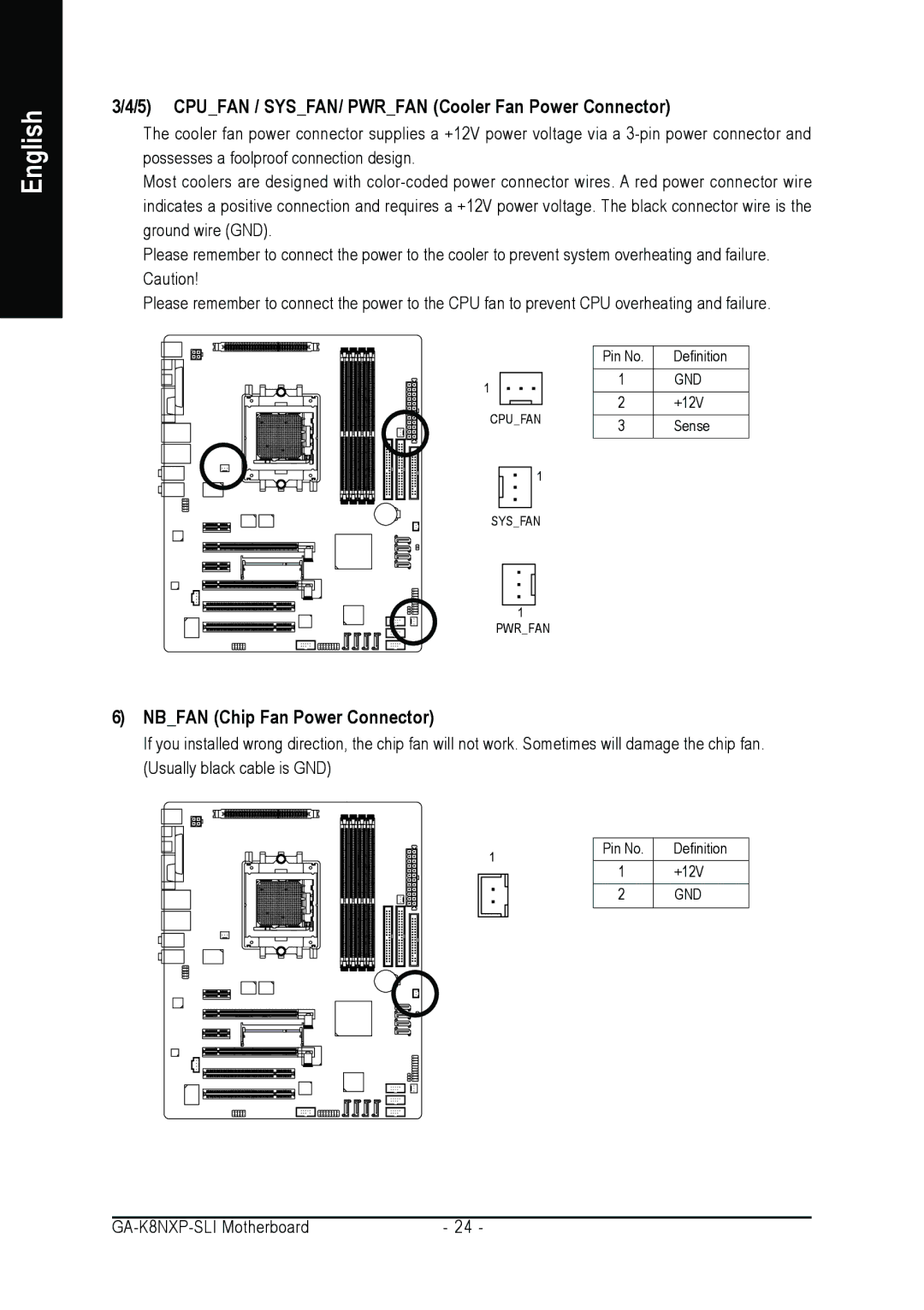 Gigabyte GA-K8NXP-SLI user manual Cpufan / SYSFAN/ Pwrfan Cooler Fan Power Connector, Nbfan Chip Fan Power Connector 