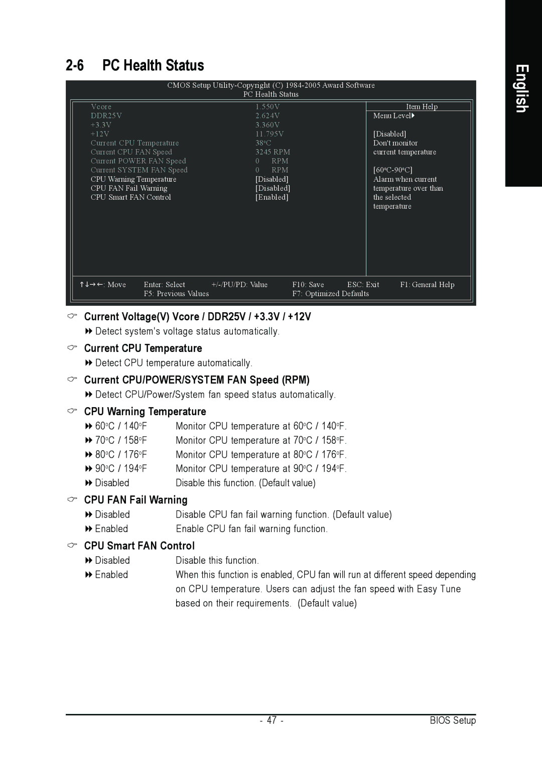 Gigabyte GA-K8NXP-SLI Current VoltageV Vcore / DDR25V / +3.3V / +12V, Current CPU Temperature, CPU Warning Temperature 