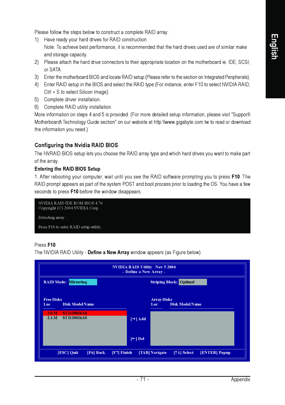 Gigabyte GA-K8NXP-SLI user manual Configuring the Nvidia RAID Bios, Entering the RAID Bios Setup 