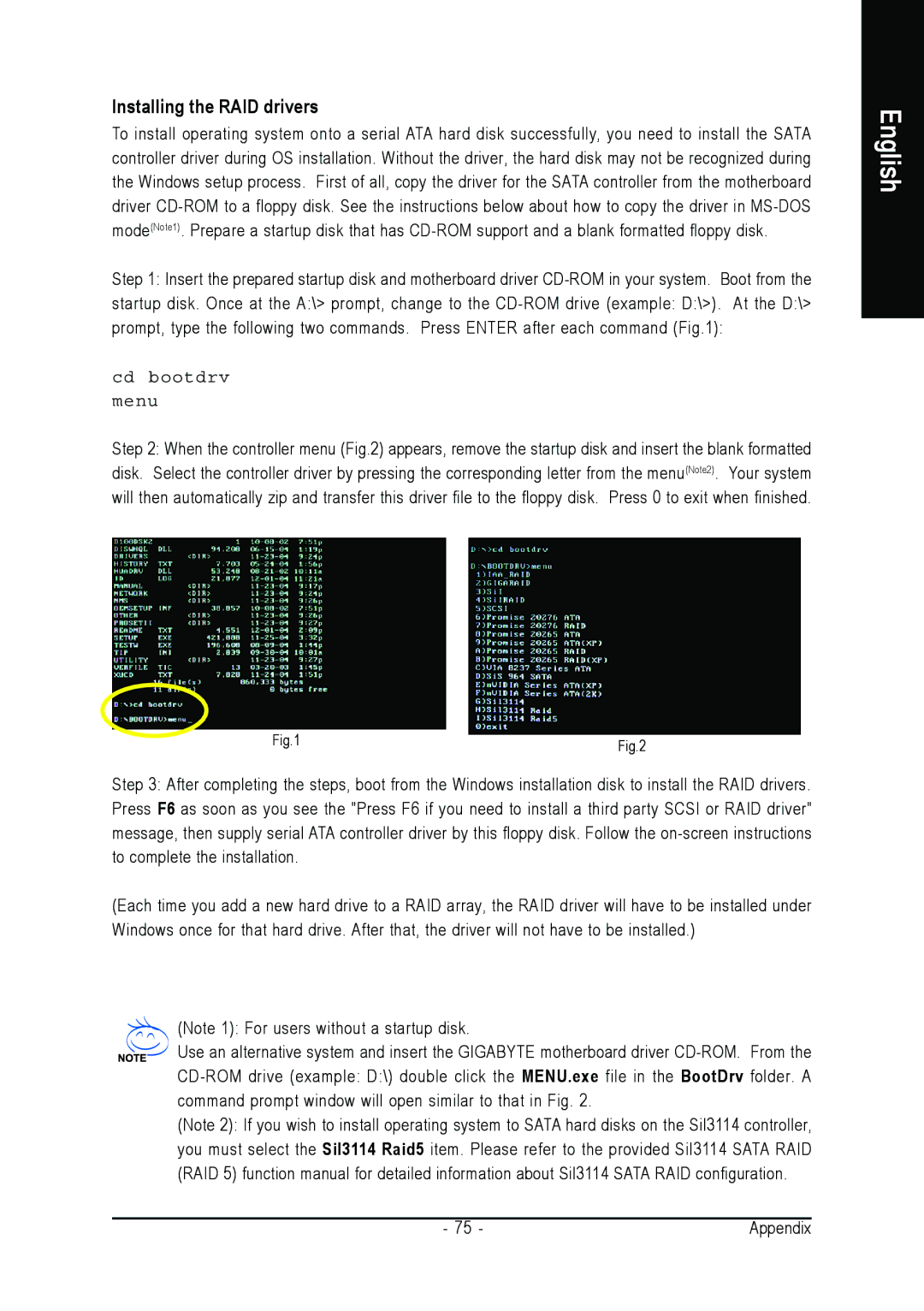 Gigabyte GA-K8NXP-SLI user manual Installing the RAID drivers, Cd bootdrv Menu 