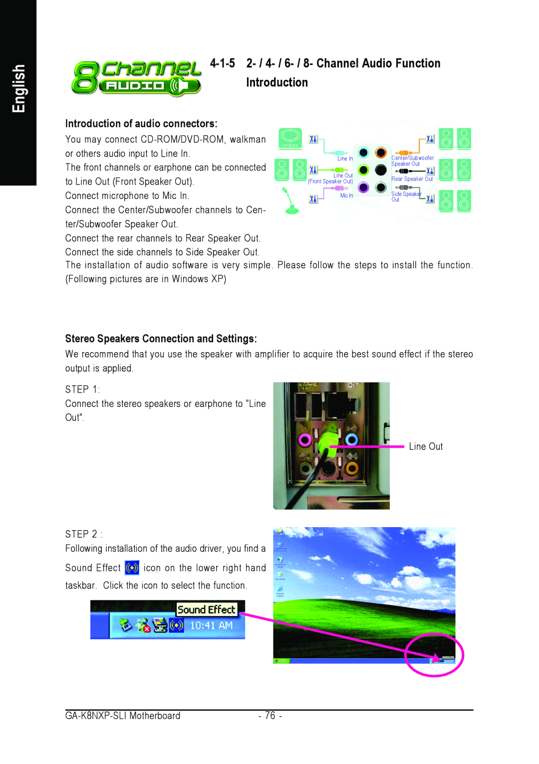 Gigabyte GA-K8NXP-SLI user manual 5 2- / 4- / 6- / 8- Channel Audio Function Introduction, Introduction of audio connectors 