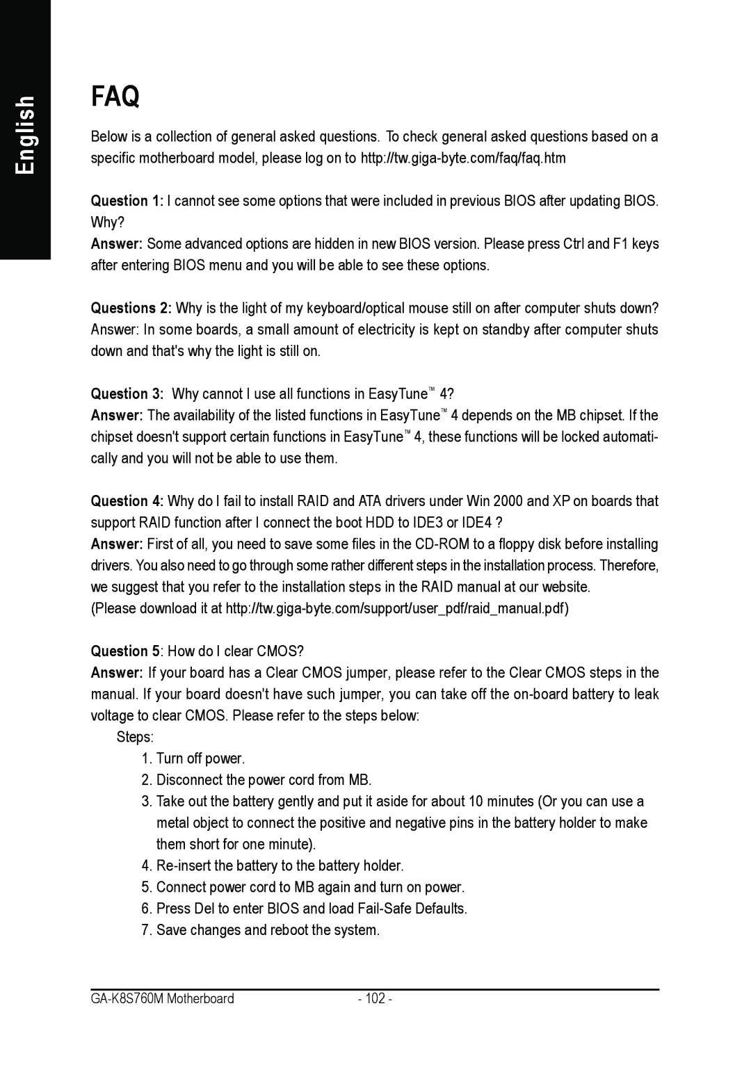 Gigabyte GA-K8S760M user manual Faq 