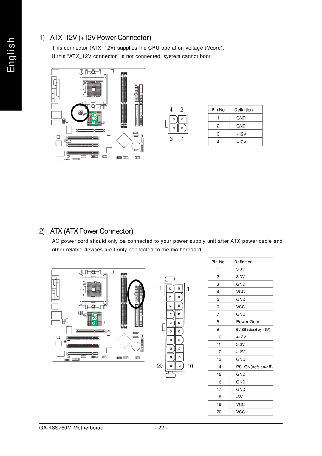 Gigabyte GA-K8S760M user manual ATX12V +12V Power Connector, ATX ATX Power Connector 