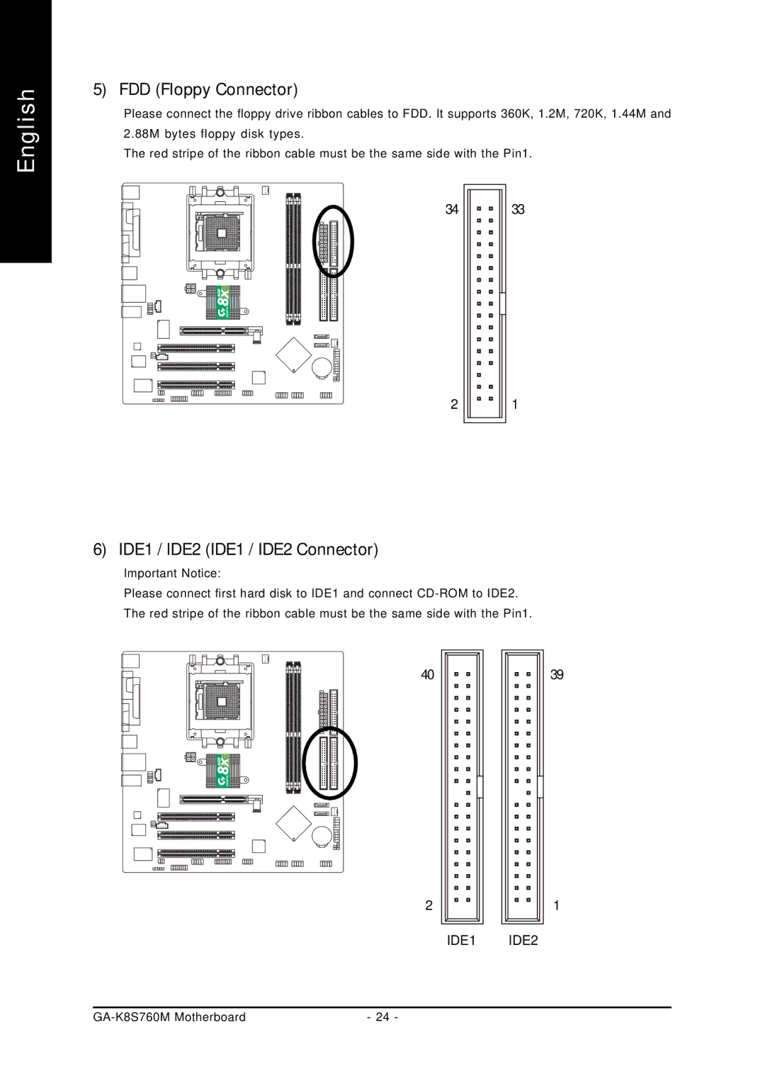 Gigabyte GA-K8S760M user manual FDD Floppy Connector, IDE1 / IDE2 IDE1 / IDE2 Connector 