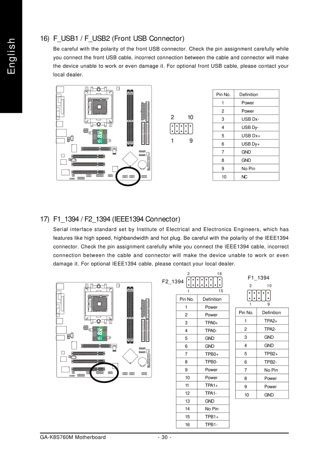 Gigabyte GA-K8S760M user manual FUSB1 / FUSB2 Front USB Connector, 17 F11394 / F21394 IEEE1394 Connector 