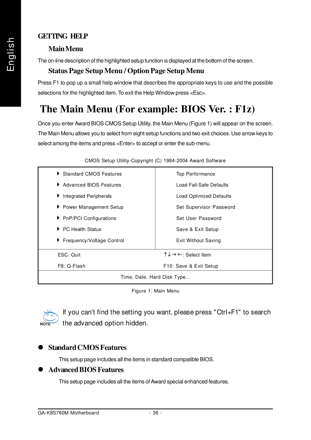 Gigabyte GA-K8S760M Main Menu For example Bios Ver. F1z, MainMenu, Status Page Setup Menu / Option Page Setup Menu 