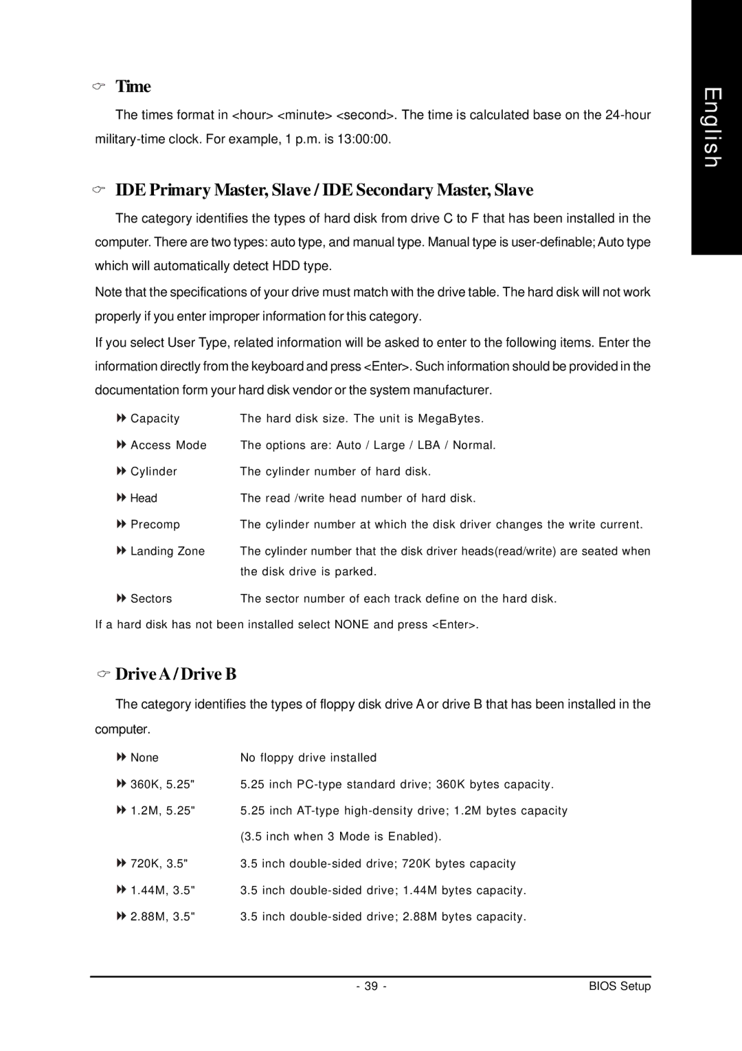 Gigabyte GA-K8S760M user manual Time, IDE Primary Master, Slave / IDE Secondary Master, Slave, Drive a / Drive B 