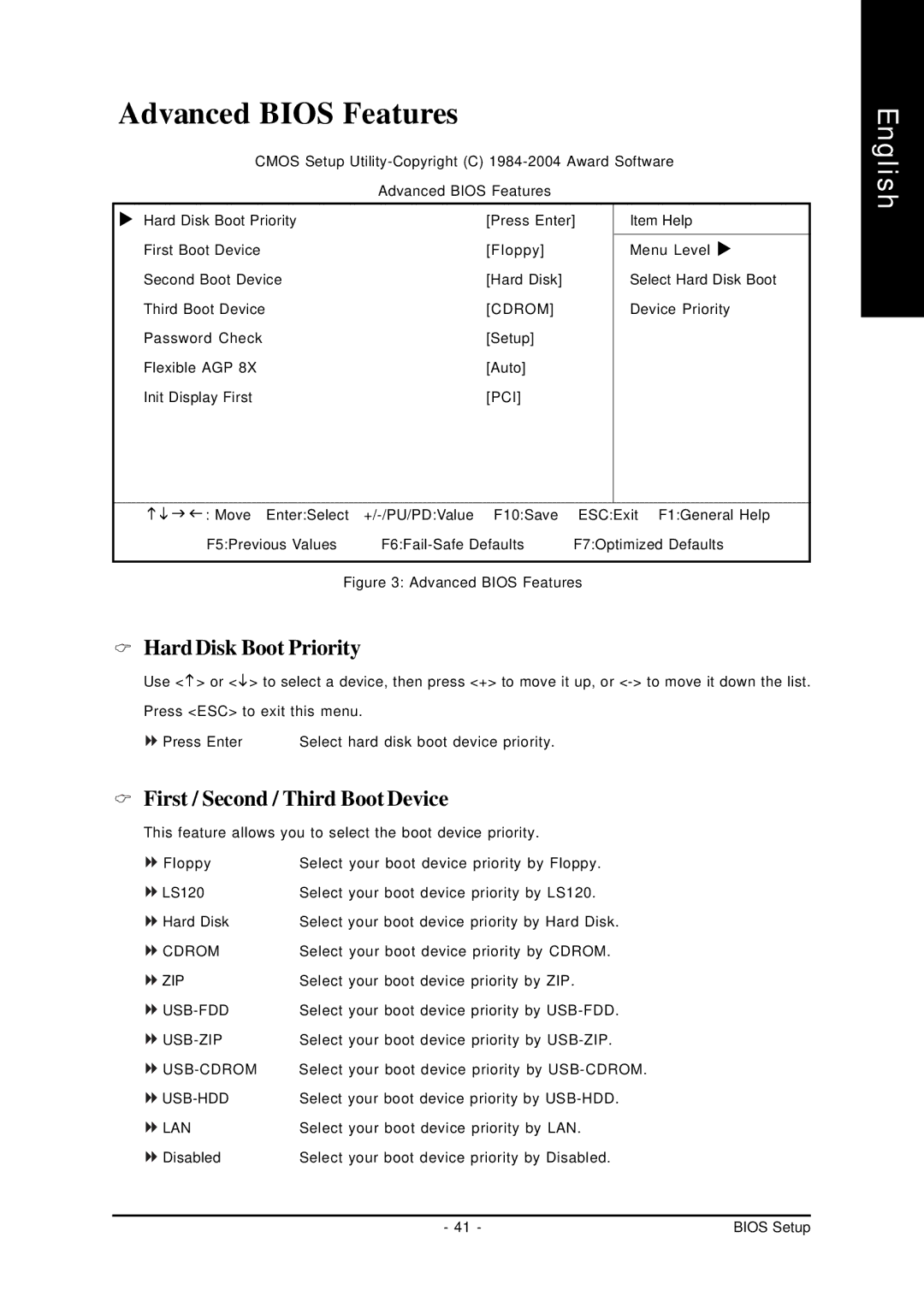 Gigabyte GA-K8S760M user manual Advanced Bios Features, Hard Disk Boot Priority, First / Second / Third Boot Device 