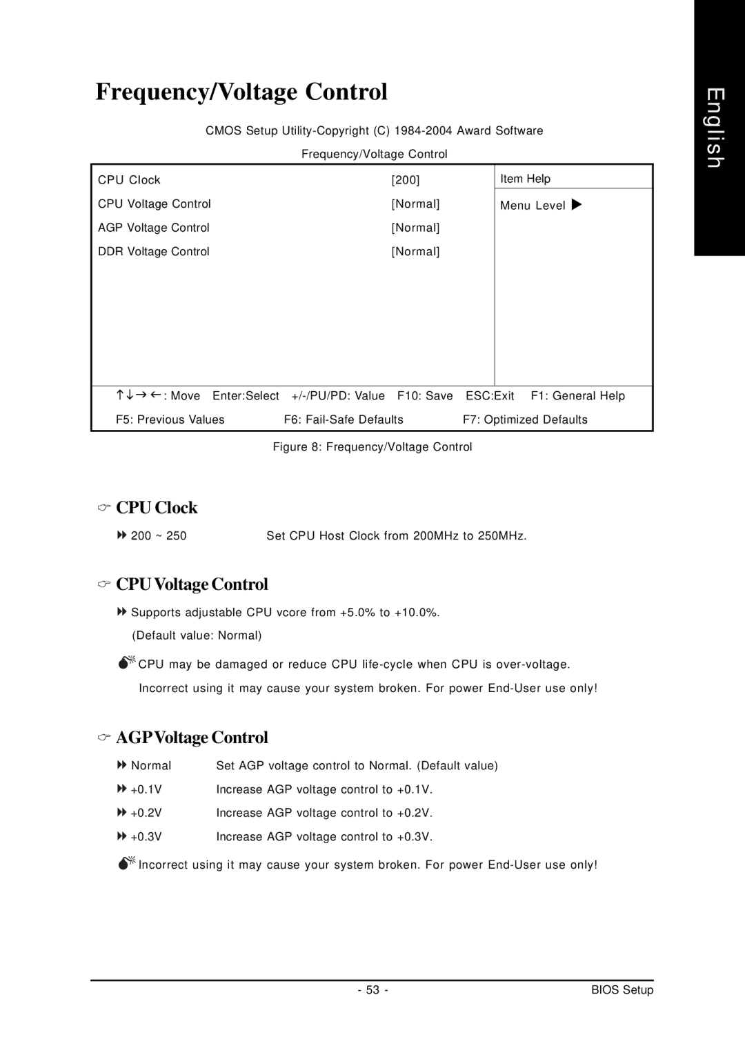 Gigabyte GA-K8S760M user manual Frequency/Voltage Control, CPU Clock, CPU Voltage Control, AGPVoltage Control 