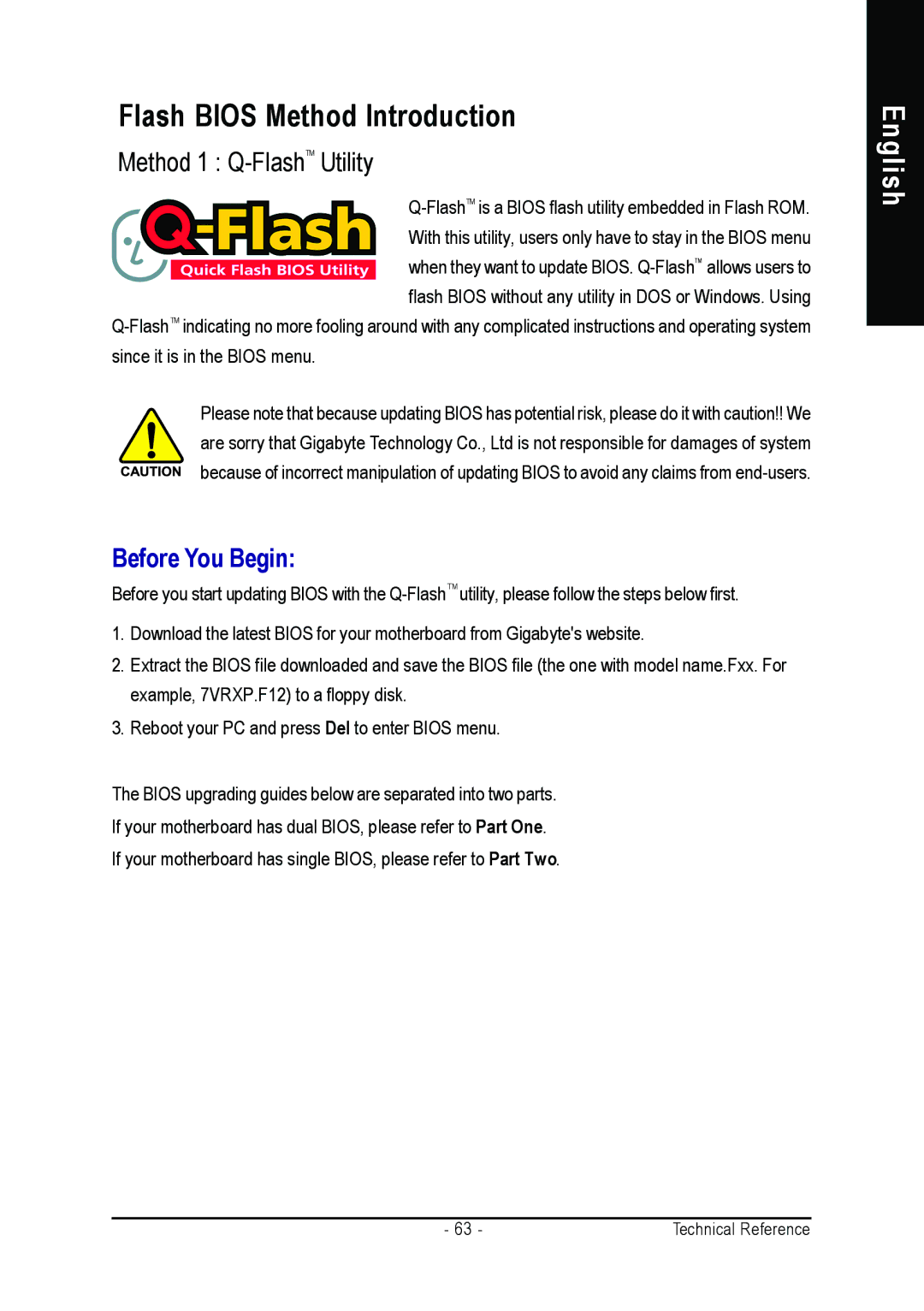 Gigabyte GA-K8S760M user manual Flash Bios Method Introduction, Method 1 Q-FlashTMUtility 