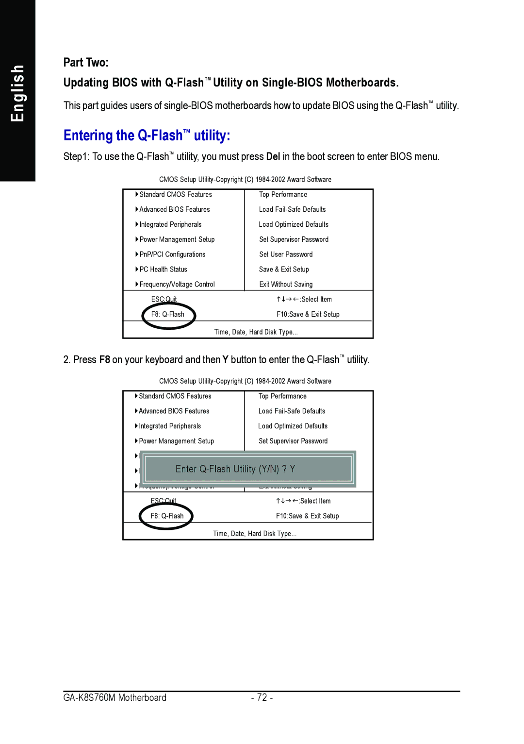 Gigabyte GA-K8S760M user manual Entering the Q-FlashTMutility 