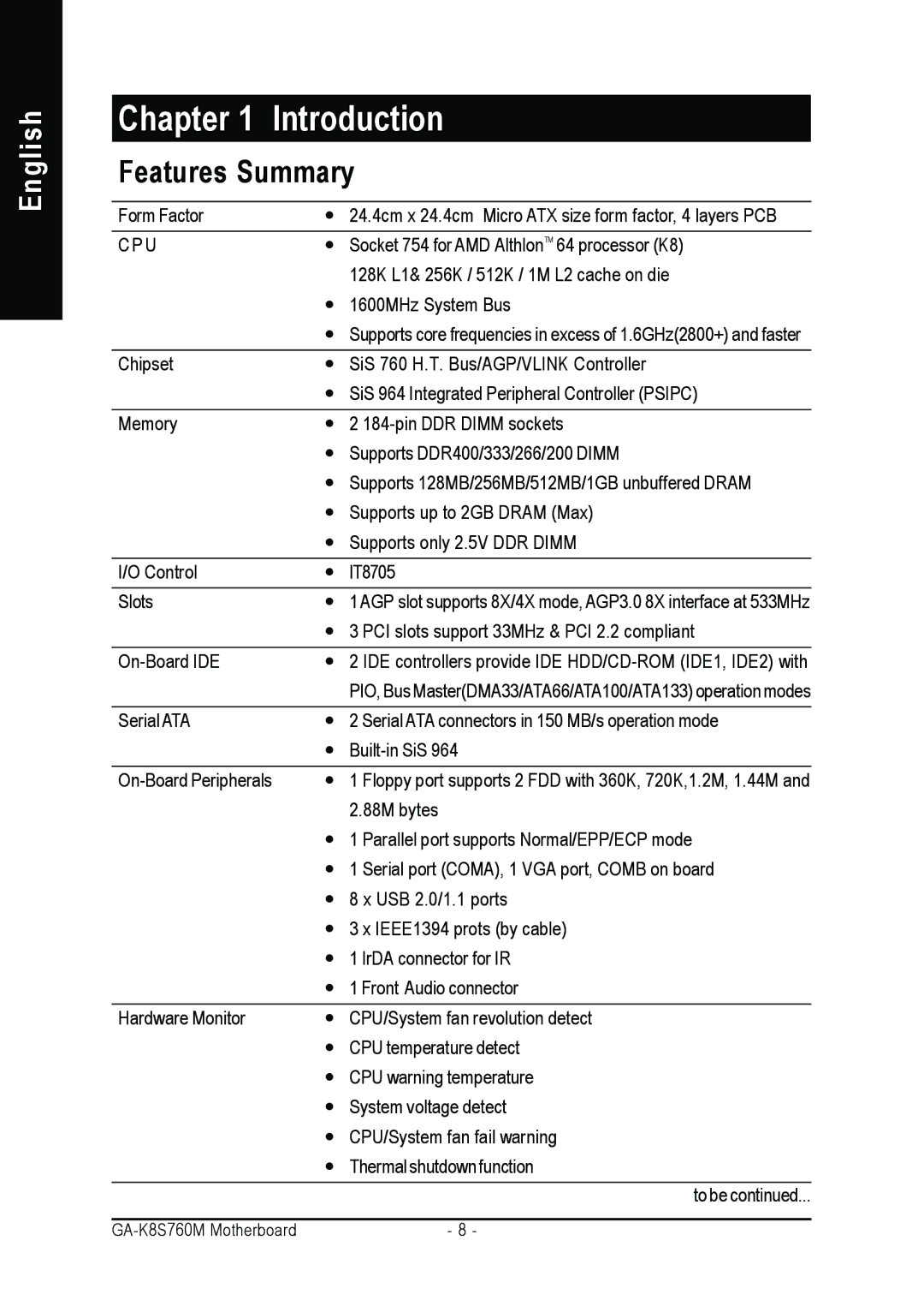 Gigabyte GA-K8S760M user manual Chapter Introduction, Features Summary 