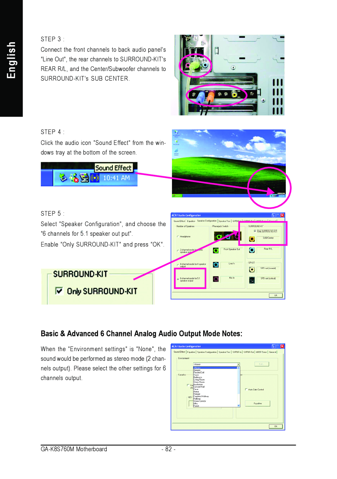 Gigabyte GA-K8S760M user manual Basic & Advanced 6 Channel Analog Audio Output Mode Notes 