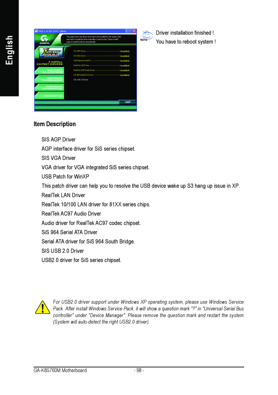 Gigabyte GA-K8S760M user manual Item Description 