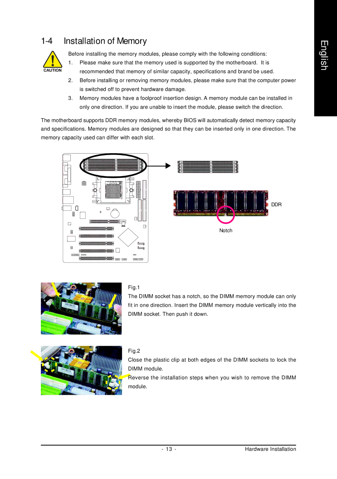 Gigabyte GA-K8U-939 user manual Installation of Memory 