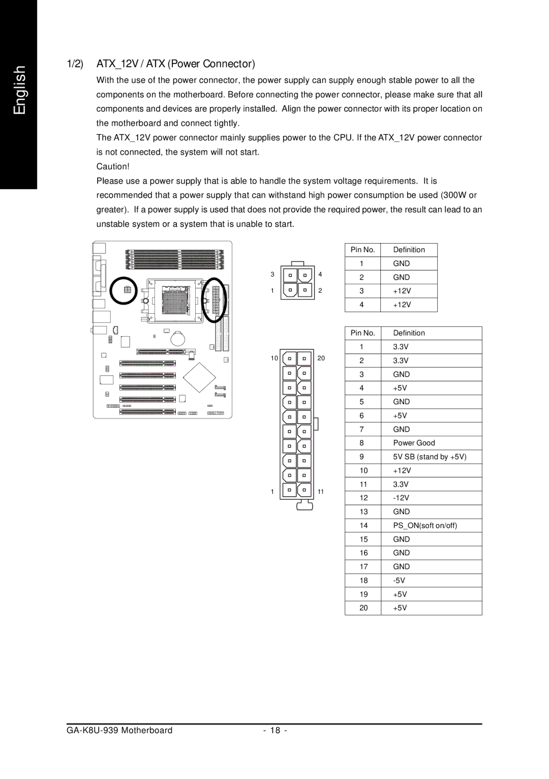 Gigabyte GA-K8U-939 user manual ATX12V / ATX Power Connector 