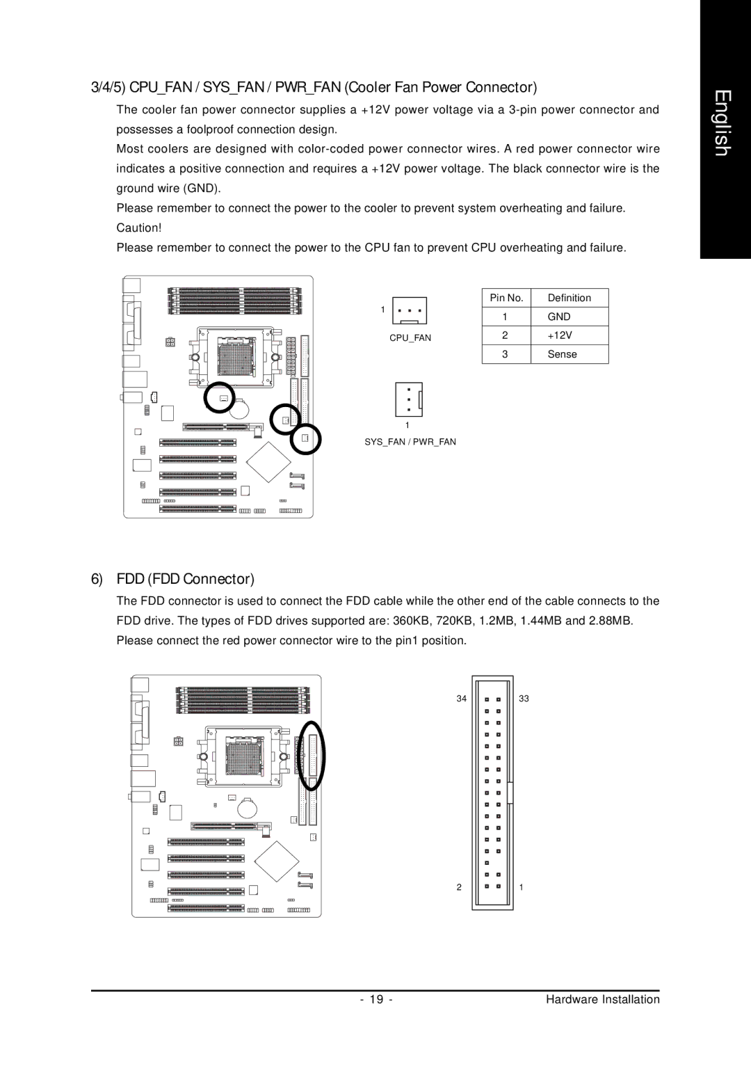 Gigabyte GA-K8U-939 user manual Cpufan / Sysfan / Pwrfan Cooler Fan Power Connector, FDD FDD Connector 