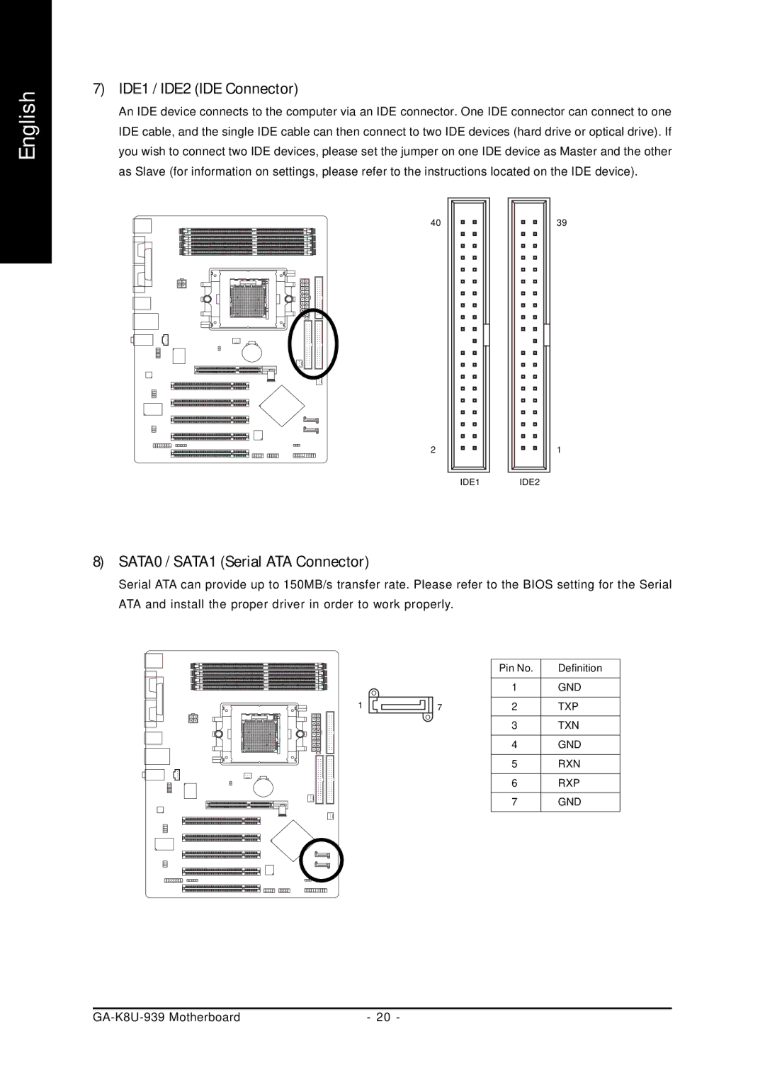 Gigabyte GA-K8U-939 user manual IDE1 / IDE2 IDE Connector, SATA0 / SATA1 Serial ATA Connector 