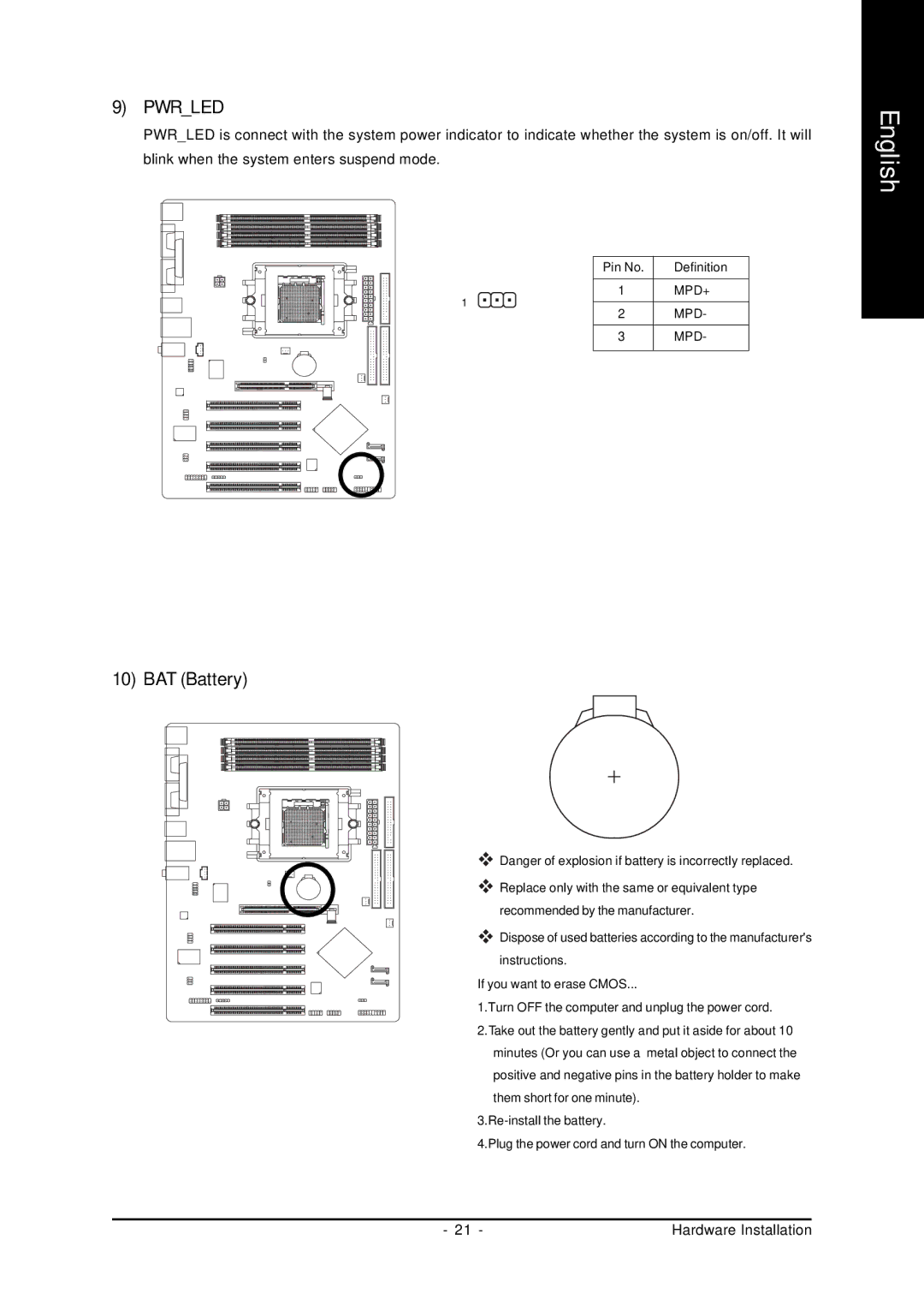 Gigabyte GA-K8U-939 user manual Pwrled, BAT Battery 