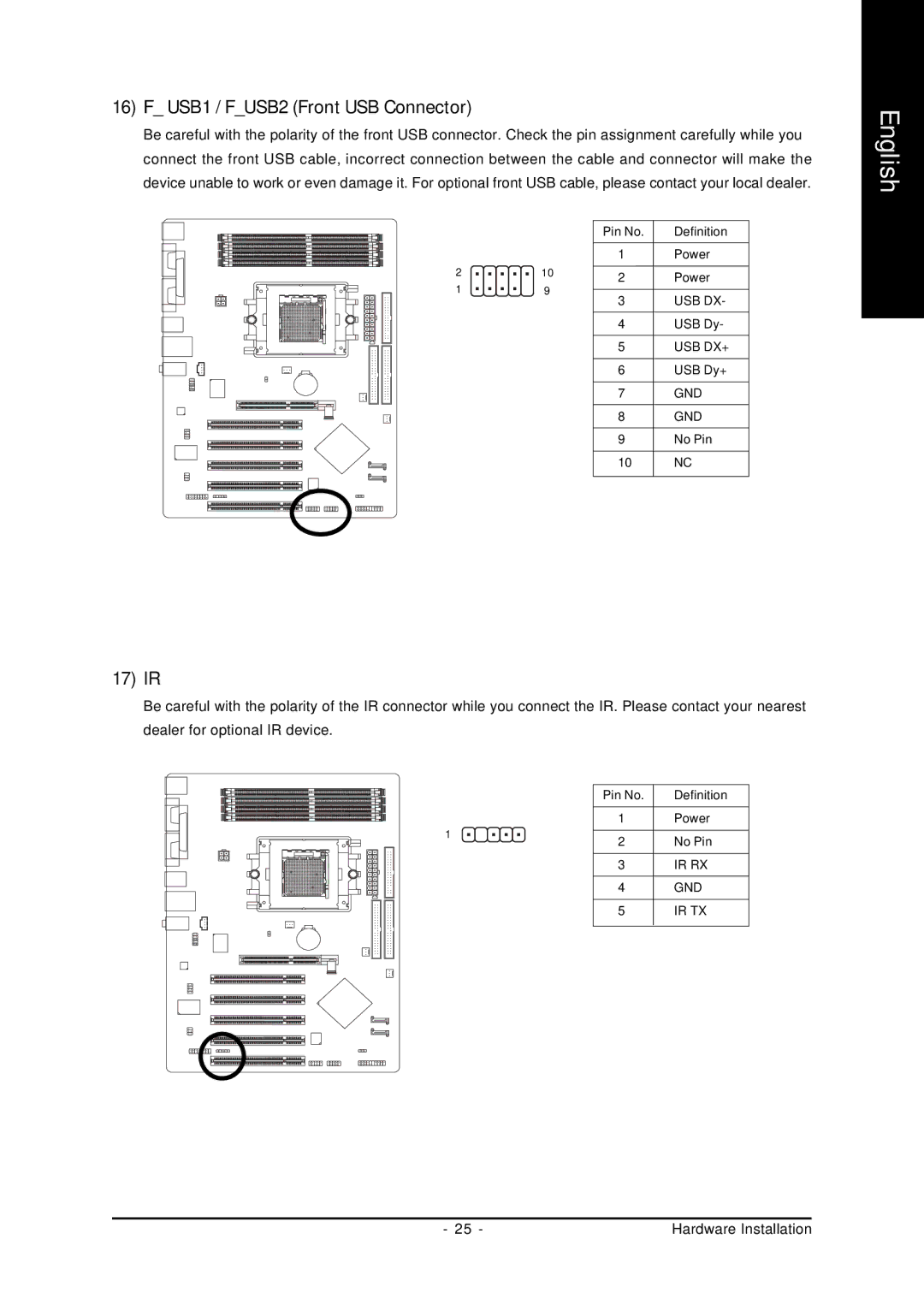 Gigabyte GA-K8U-939 user manual USB1 / FUSB2 Front USB Connector, 17 IR 