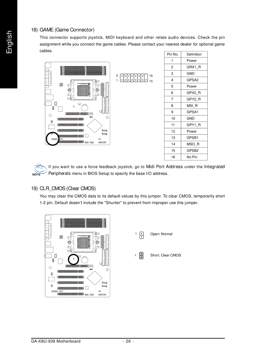 Gigabyte GA-K8U-939 user manual Game Game Connector, Clrcmos Clear Cmos 