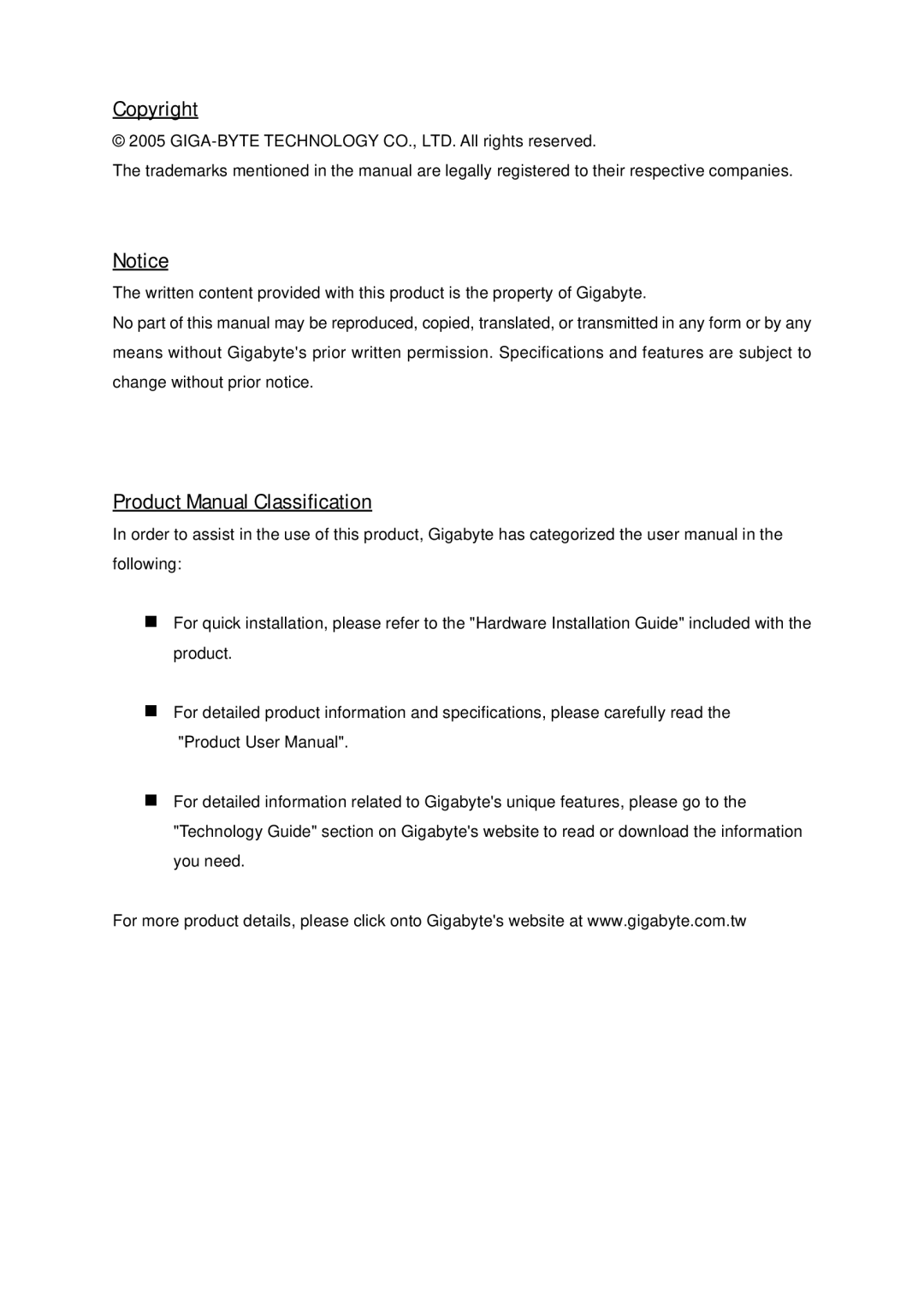 Gigabyte GA-K8U-939 user manual Copyright, Product Manual Classification 