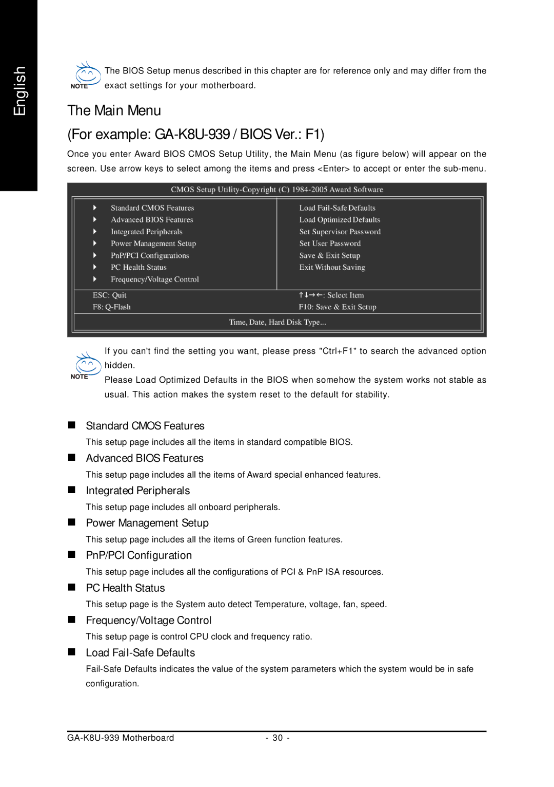 Gigabyte user manual Main Menu For example GA-K8U-939 / Bios Ver. F1 