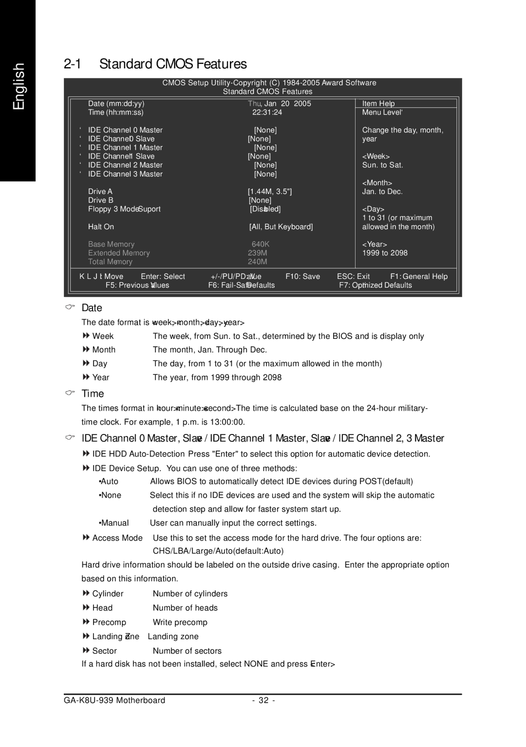 Gigabyte GA-K8U-939 user manual Standard Cmos Features, Time 