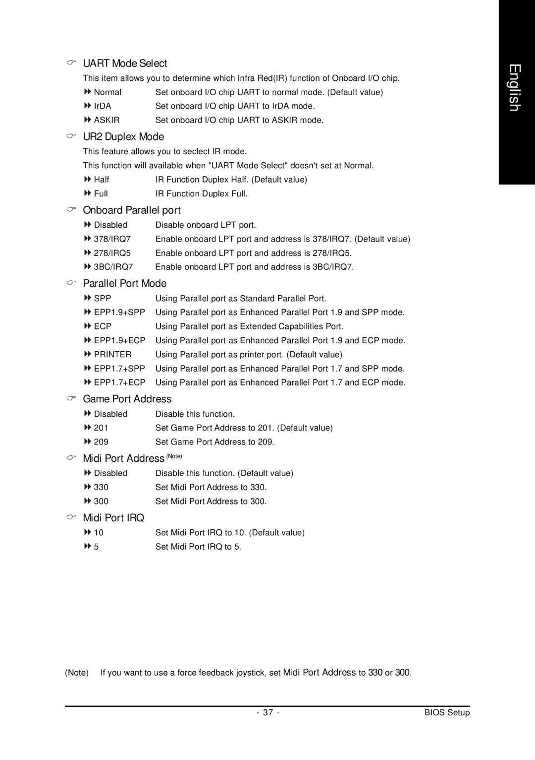 Gigabyte GA-K8U-939 Uart Mode Select, UR2 Duplex Mode, Onboard Parallel port, Parallel Port Mode, Game Port Address 