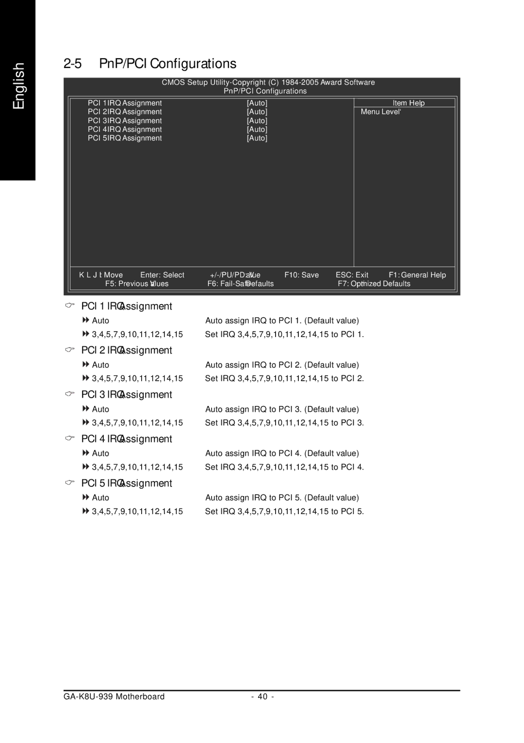 Gigabyte GA-K8U-939 user manual PnP/PCI Configurations, PCI 1 IRQ Assignment 