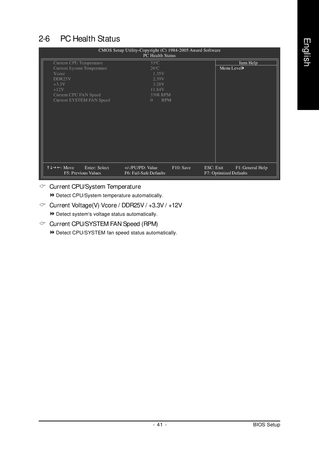 Gigabyte GA-K8U-939 PC Health Status, Current CPU/System Temperature, Current VoltageV Vcore / DDR25V / +3.3V / +12V 