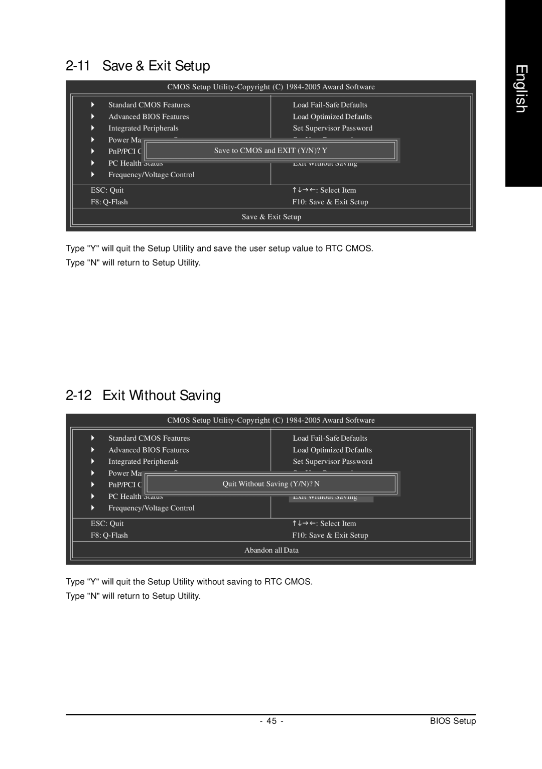 Gigabyte GA-K8U-939 user manual Save & Exit Setup, Exit Without Saving 