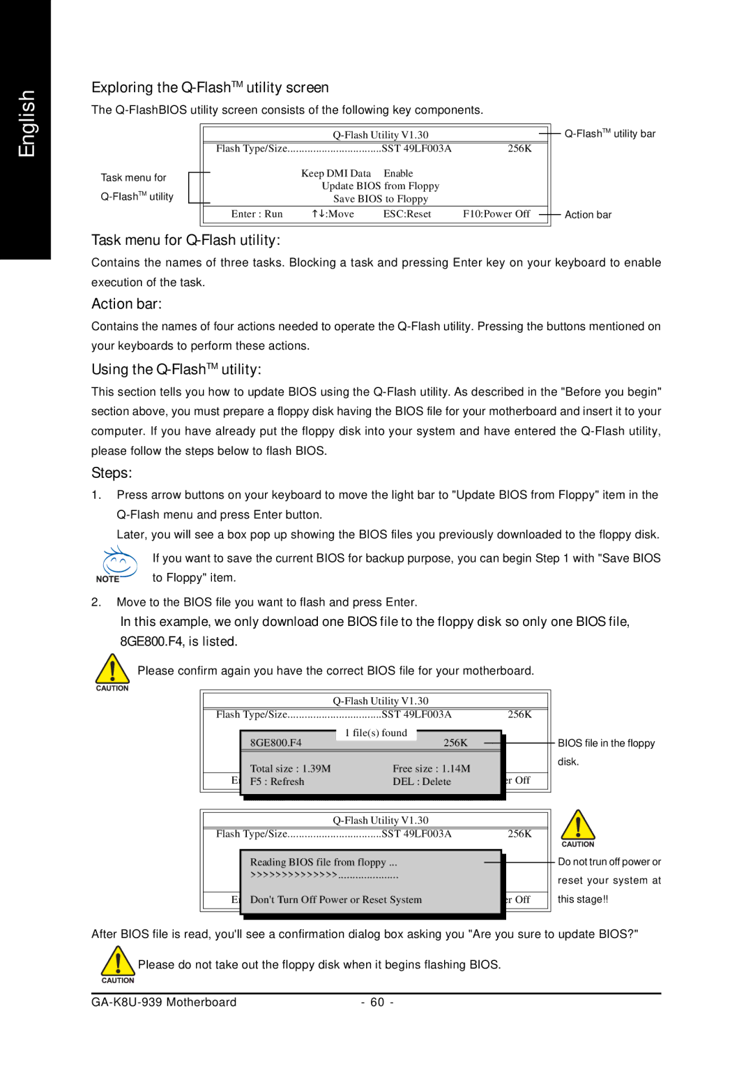 Gigabyte GA-K8U-939 user manual Exploring the Q-FlashTMutility screen, Task menu for Q-Flash utility 