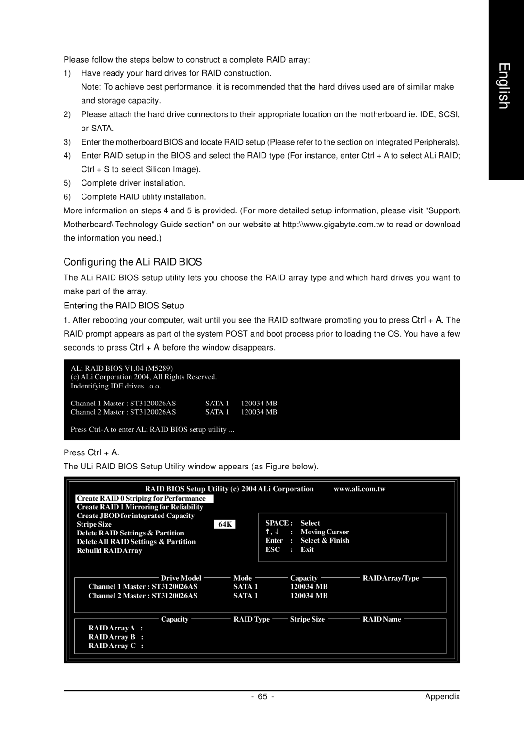 Gigabyte GA-K8U-939 user manual Configuring the ALi RAID Bios, Entering the RAID Bios Setup 