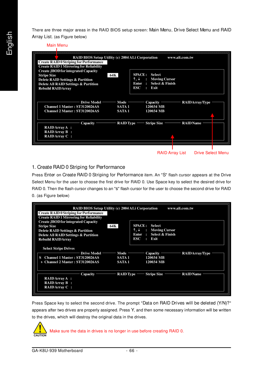 Gigabyte GA-K8U-939 user manual Create RAID 0 Striping for Performance, Main Menu 