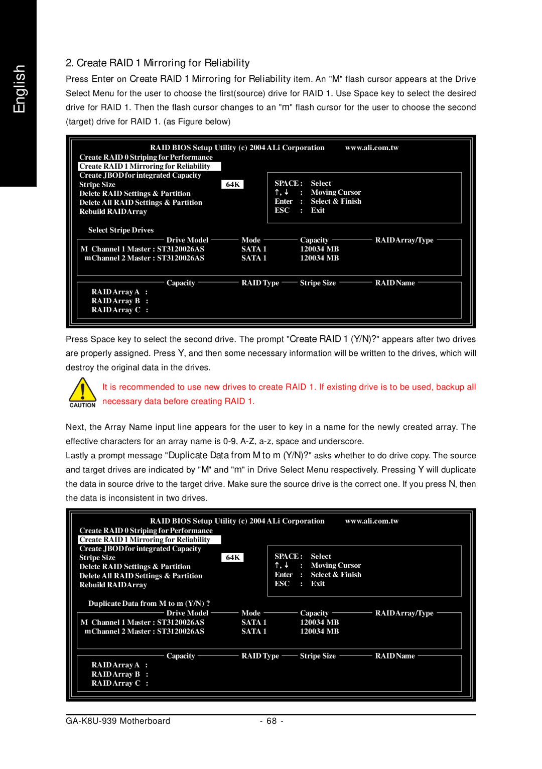 Gigabyte GA-K8U-939 user manual Create RAID 1 Mirroring for Reliability 