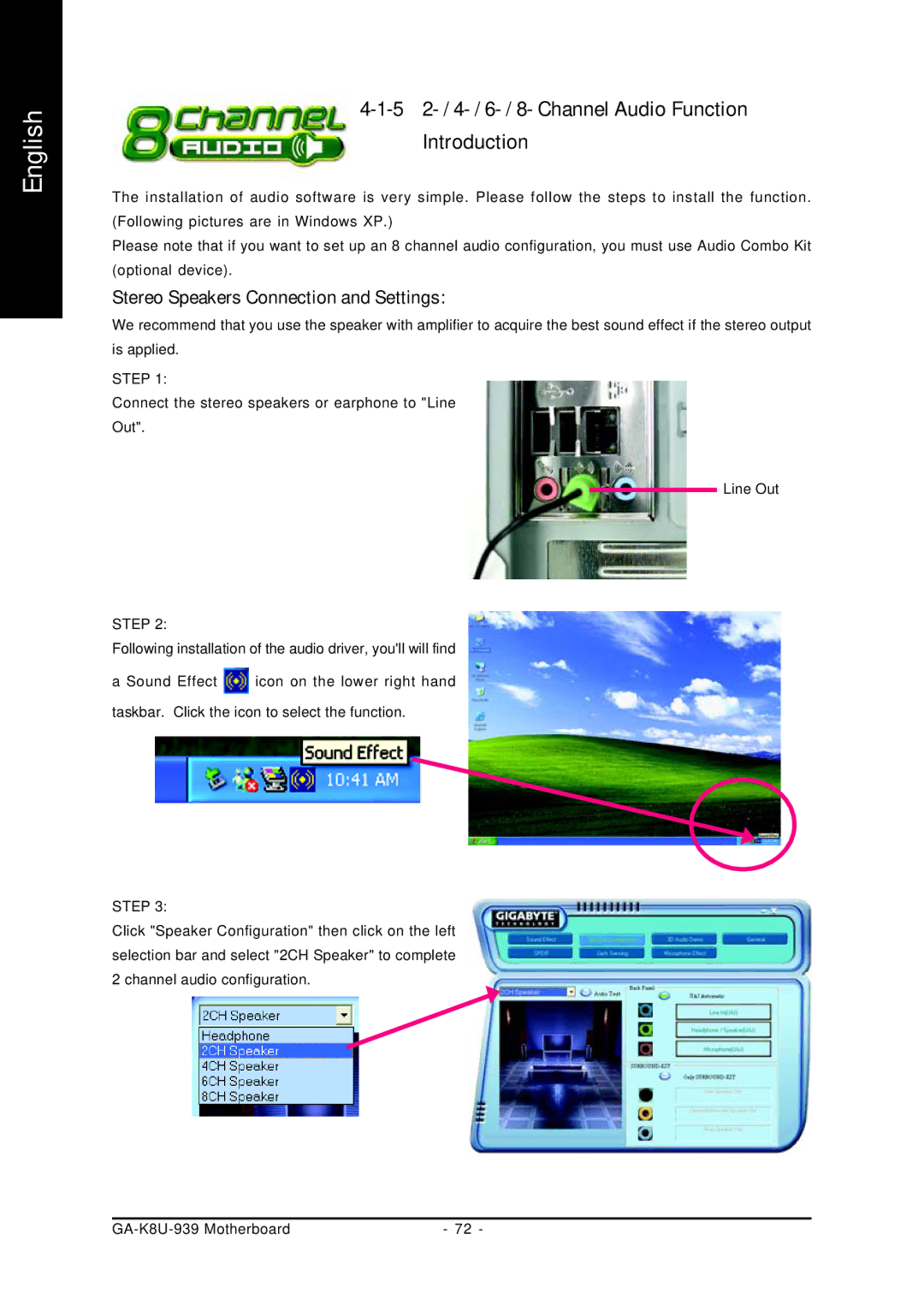 Gigabyte GA-K8U-939 5 2- / 4- / 6- / 8- Channel Audio Function Introduction, Stereo Speakers Connection and Settings 