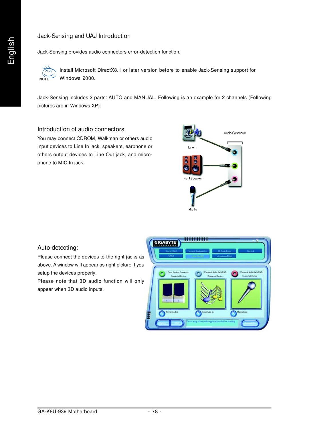 Gigabyte GA-K8U-939 user manual Jack-Sensing and UAJ Introduction, Introduction of audio connectors, Auto-detecting 