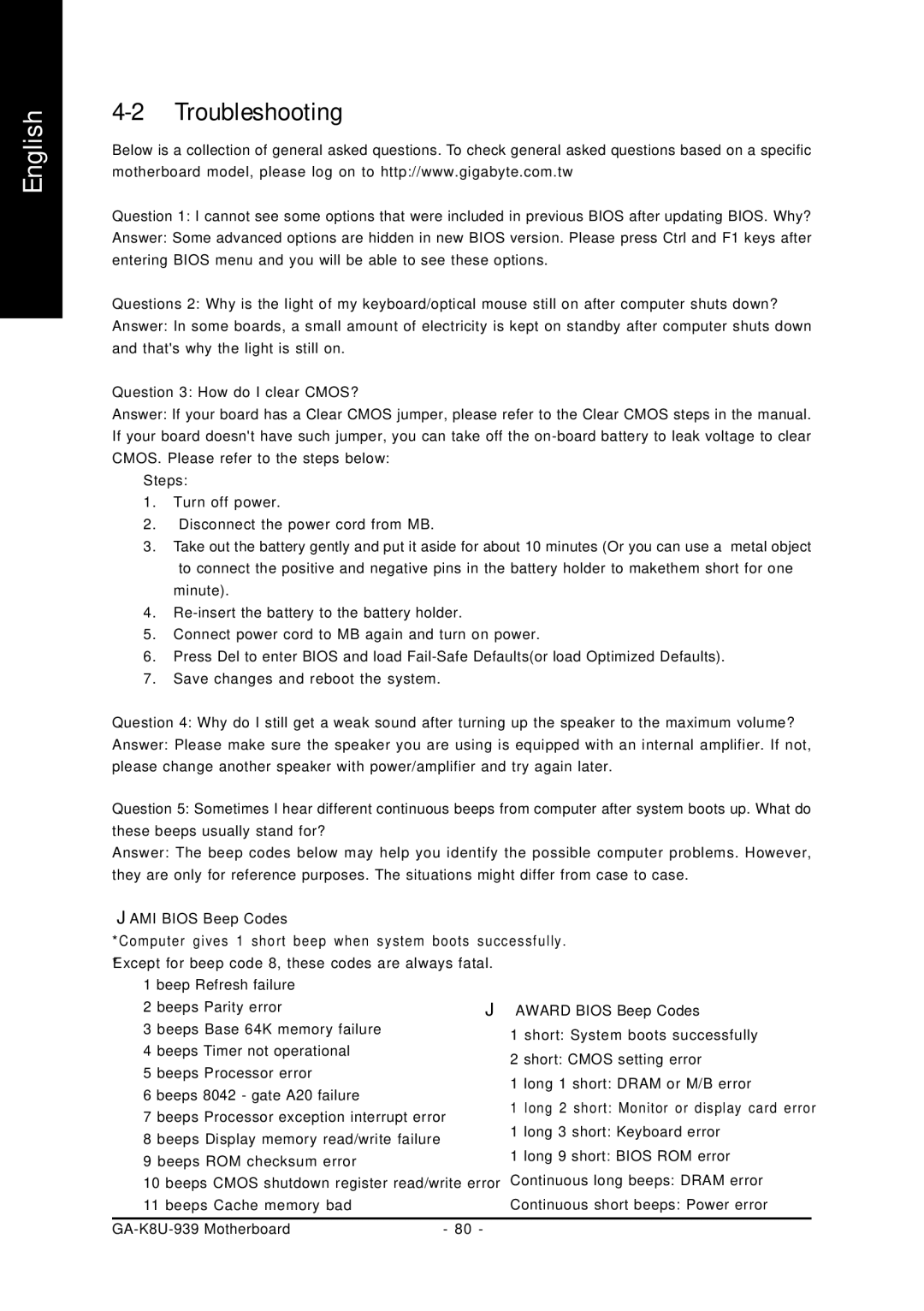 Gigabyte GA-K8U-939 user manual Troubleshooting 