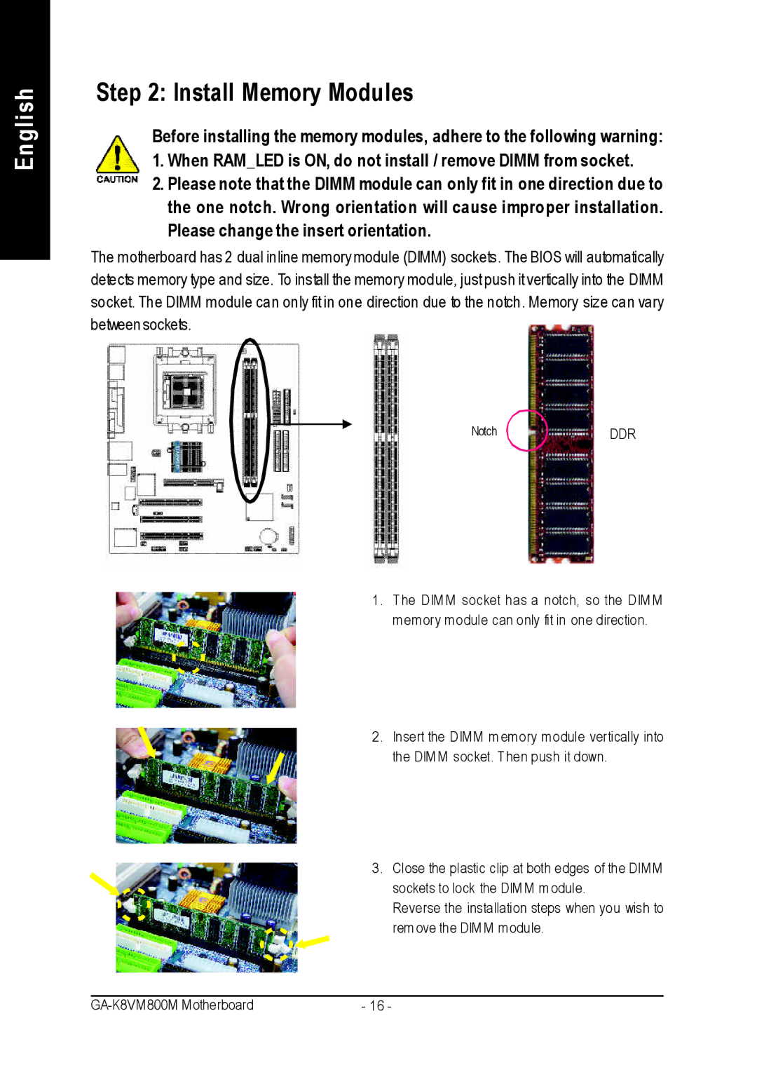 Gigabyte GA-K8VM800M user manual Install Memory Modules, Ddr 